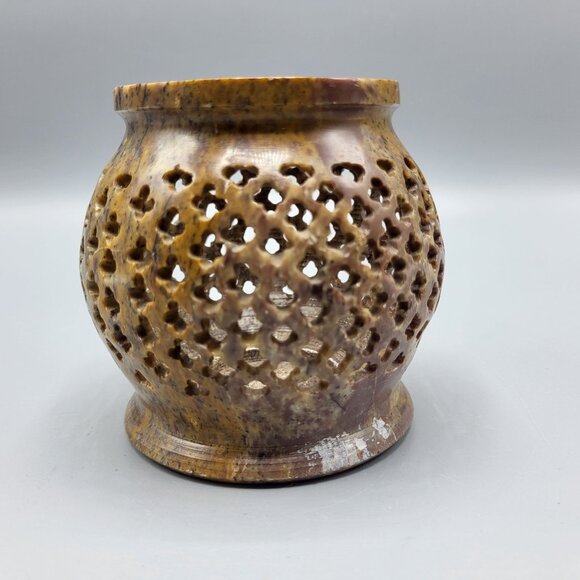 Vintage Decorative Brown Soapstone Stone Carved Candle Holder - Picture 4 of 9